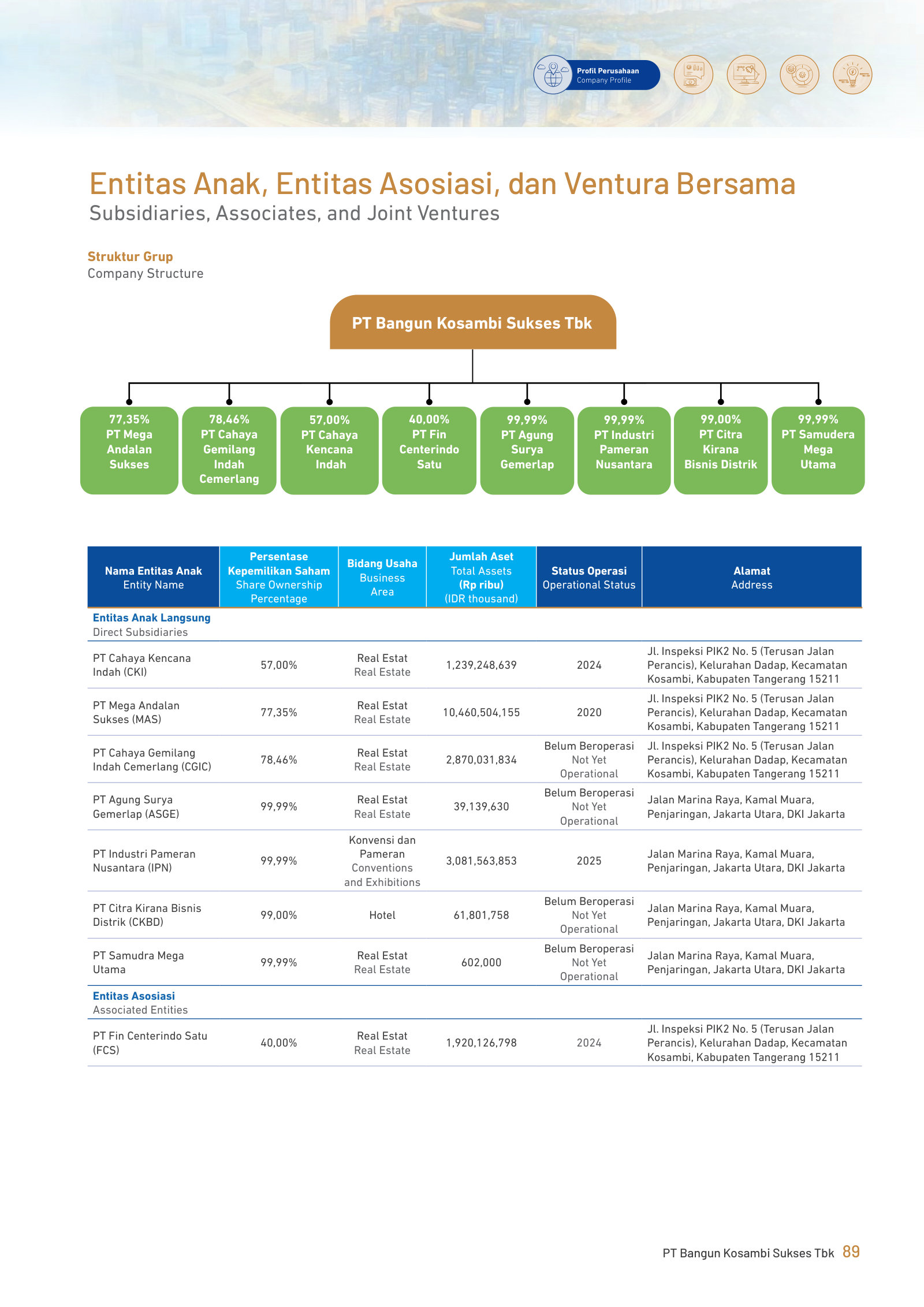 Group structure and subsidiary table, with ownership %, assets and operating status.