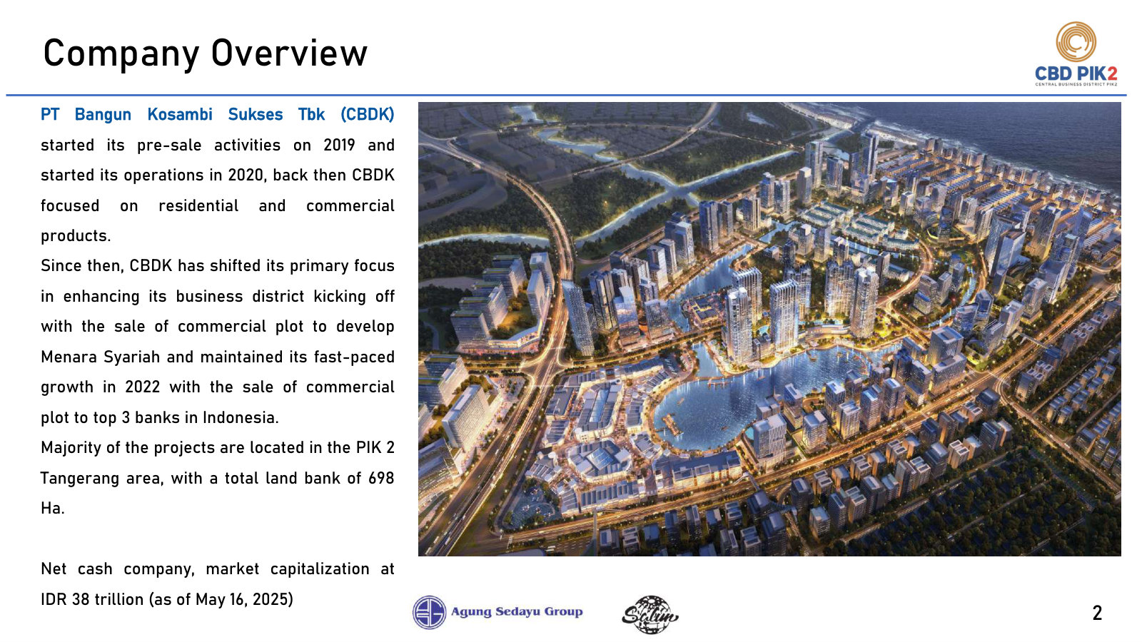 Company overview: presales from 2019, the shift to selling commercial land plots, 698 ha of land, net cash.
